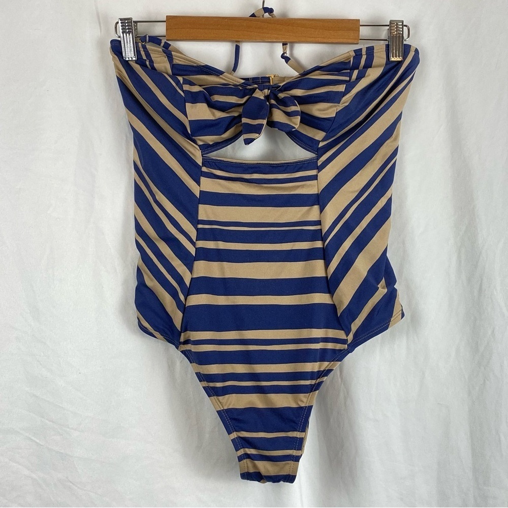Bar III Women’s Striped Blue and Tan One-Piece Swimsuit Size Medium